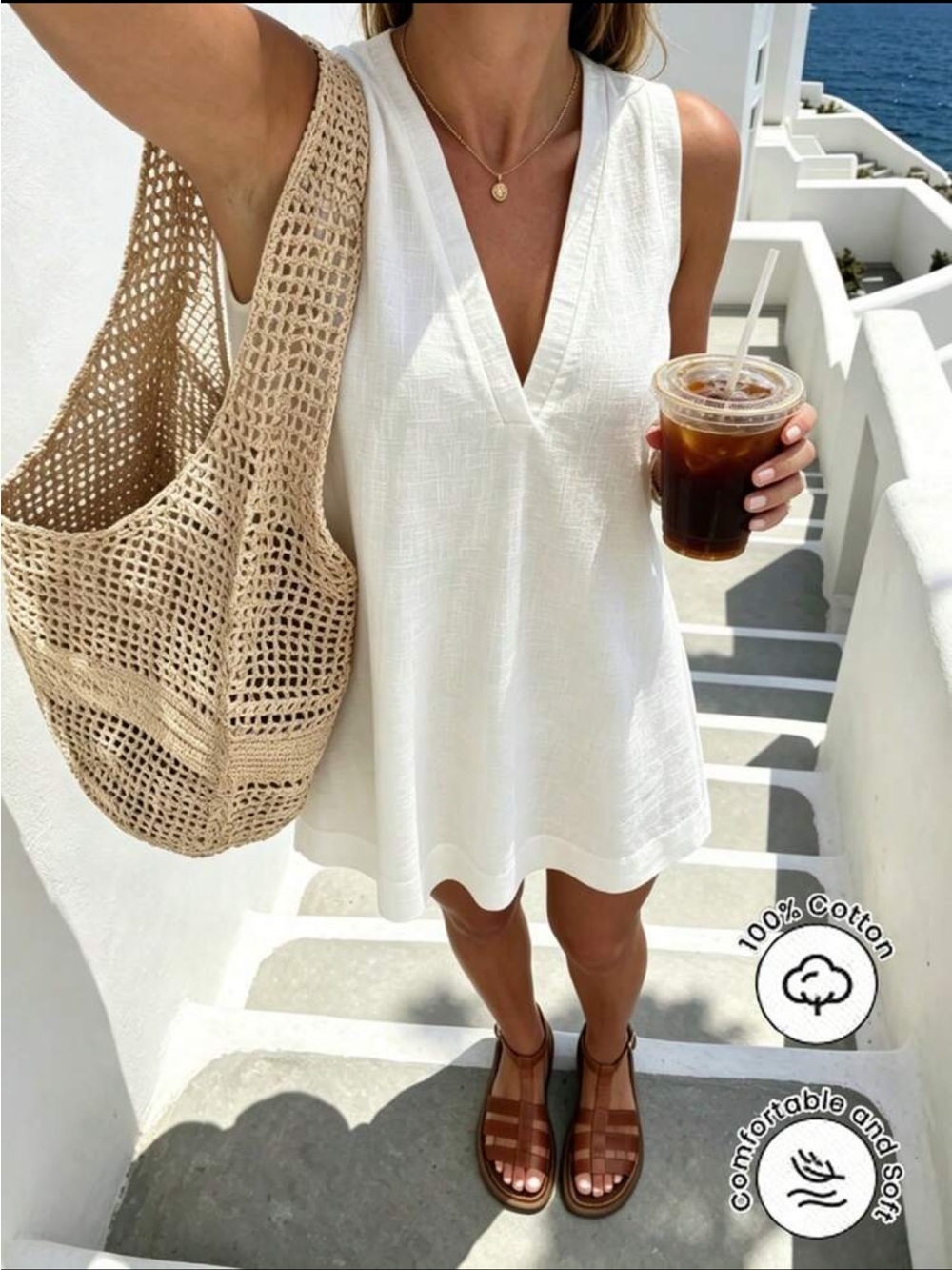 Women's White V-Neck Cover-Up Dress - Lightweight Cotton